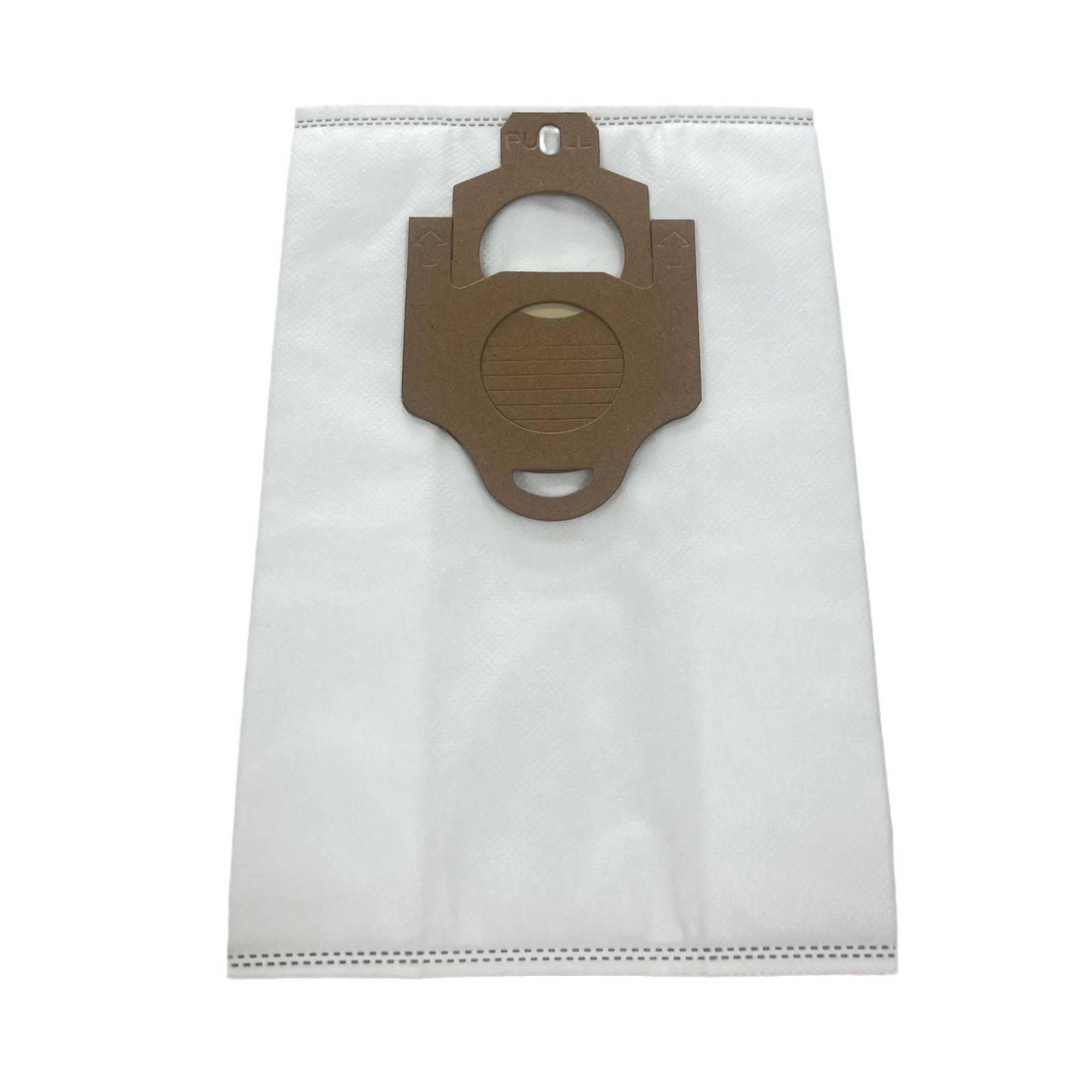 Weißer Staubsaugerbeutel mit braunem Kartonmontagerring oben.