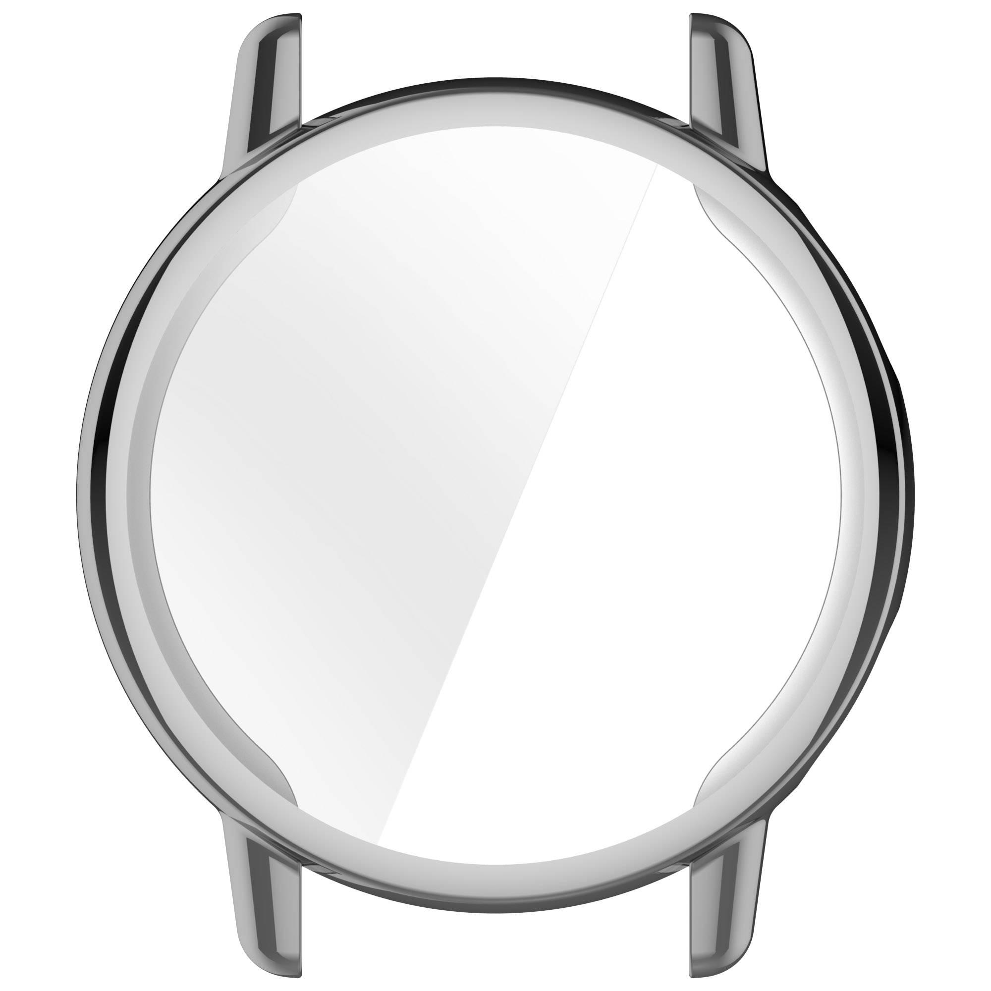 Ein leeres Silbergehäuse oder eine Lünette einer Uhr von vorne dargestellt, mit vier Ansätzen und ohne Zifferblatt, Zeiger oder Beschriftungen.