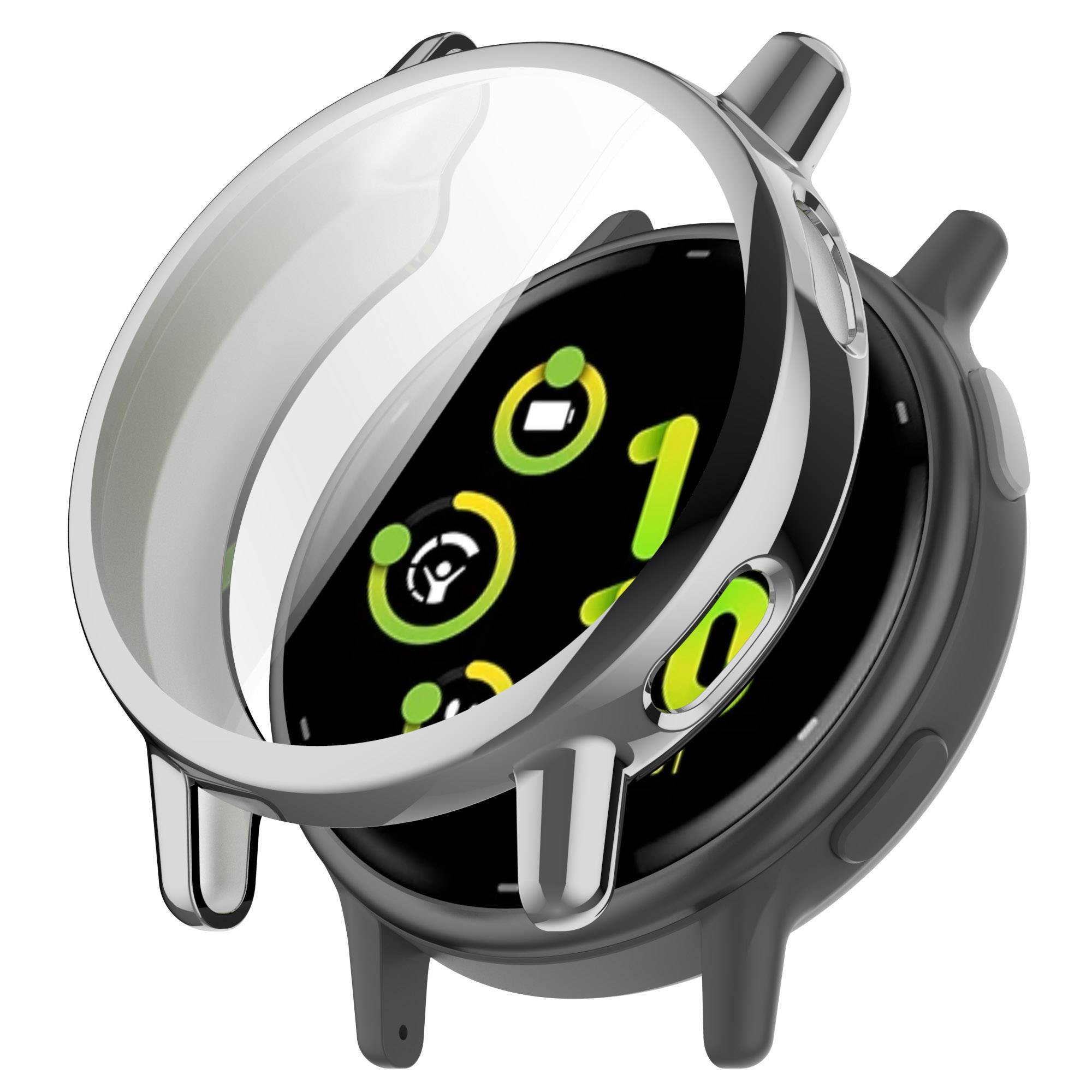 Rundes Smartwatch mit silberner Schutzabdeckung, das ein schwarzes digitales Zifferblatt mit neongrünen Symbolen und Ziffern zeigt.