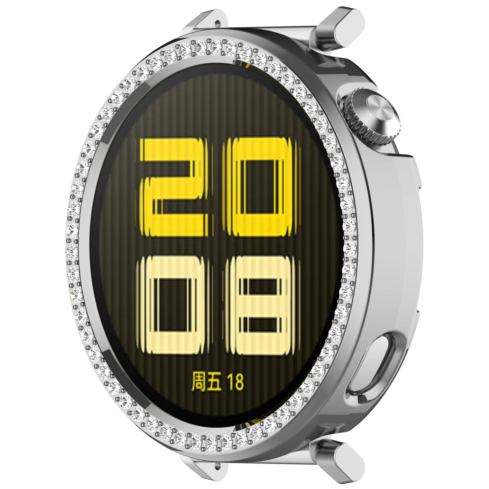 Silberne Smartwatch mit diamantähnlicher Lünette zeigt ein digitales Display mit der Anzeige „20 08