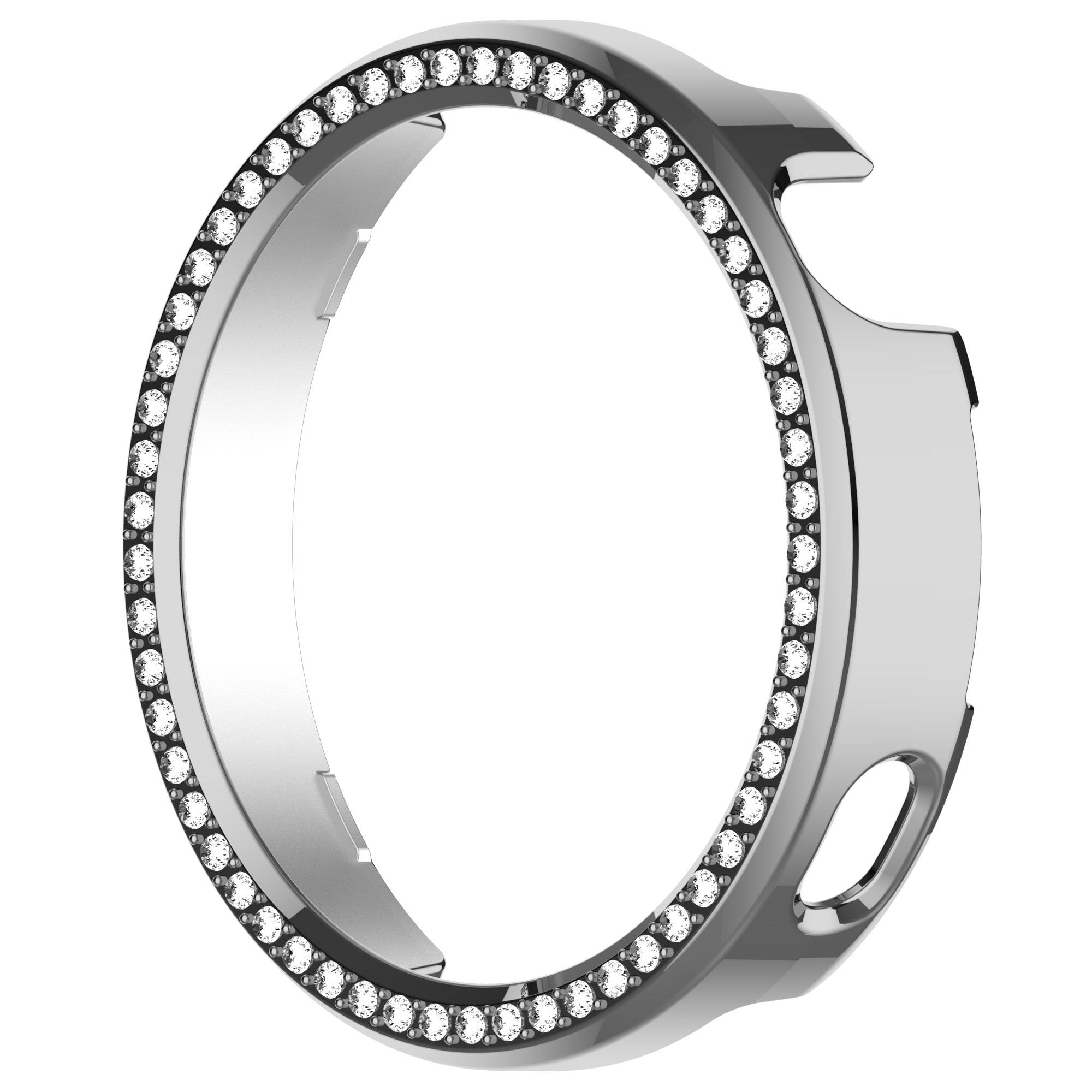 Silberne kreisförmige Smartwatch-Lünette mit eingebetteten Rhinestones und seitlicher Aussparung auf weißem Hintergrund.