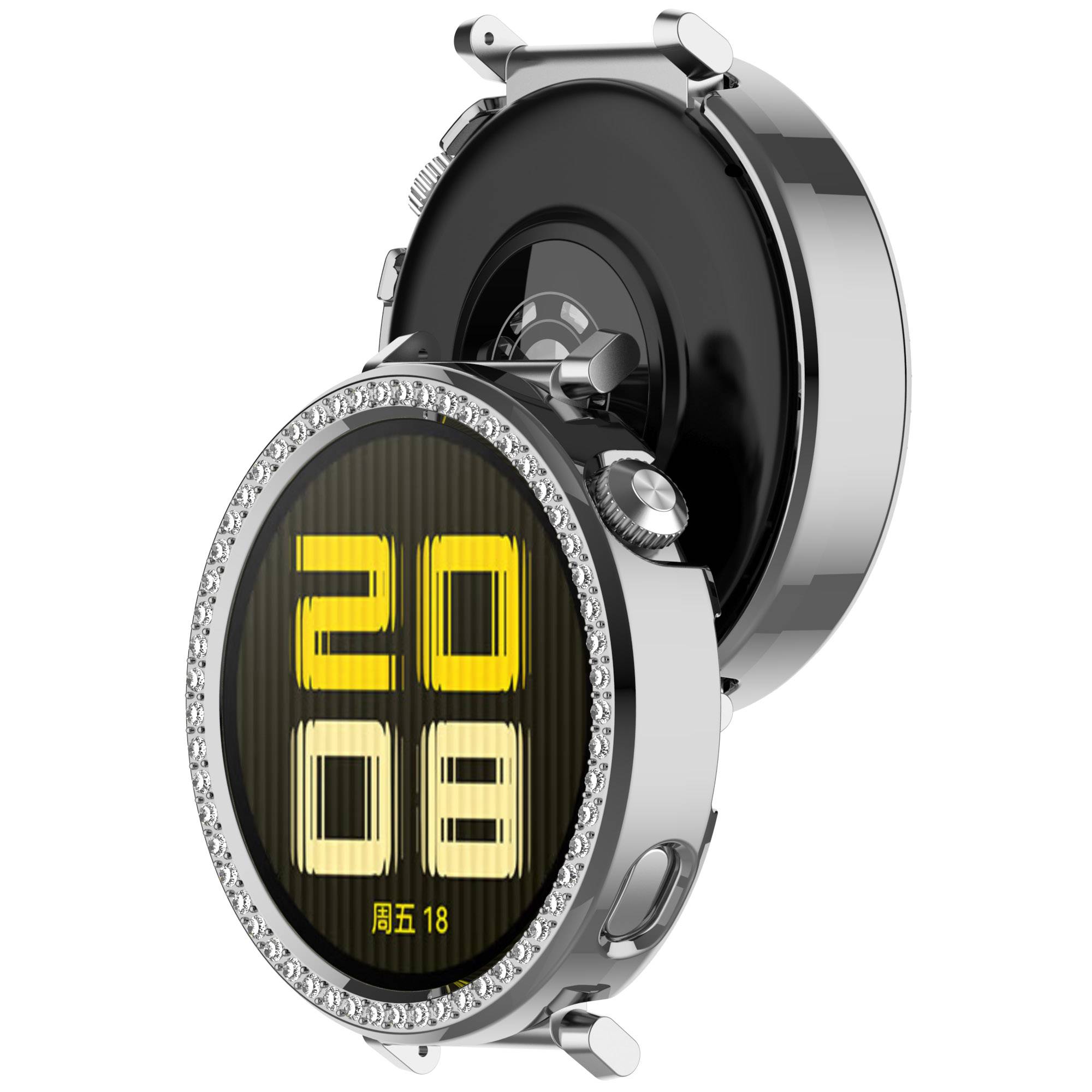 Silberne ovale Smartwatch mit Strass-Lünette, geöffnet, um die Rückseite zu zeigen; das Zifferblatt zeigt die gelbe digitale Uhrzeit „20 08" und chinesischen Text für Freitag 18.
