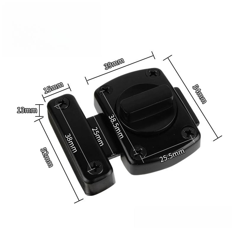 Schwarze Verriegelungsverriegelungshardware mit beschrifteten Abmessungen in Millimetern, einschließlich 54 mm, 39 mm, 38,5 mm, 38 mm, 32 mm, 25,5 mm, 15 mm und 13 mm.
