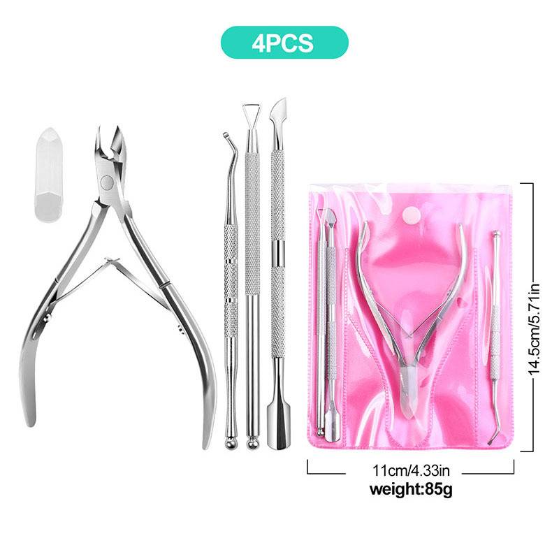 4-teiliges Edelstahl-Nagelpflegeset mit Nagelknipsern, Nagelhauttools und rosa Reißverschlusstasche; Abmessungen und Gewicht siehe oben.