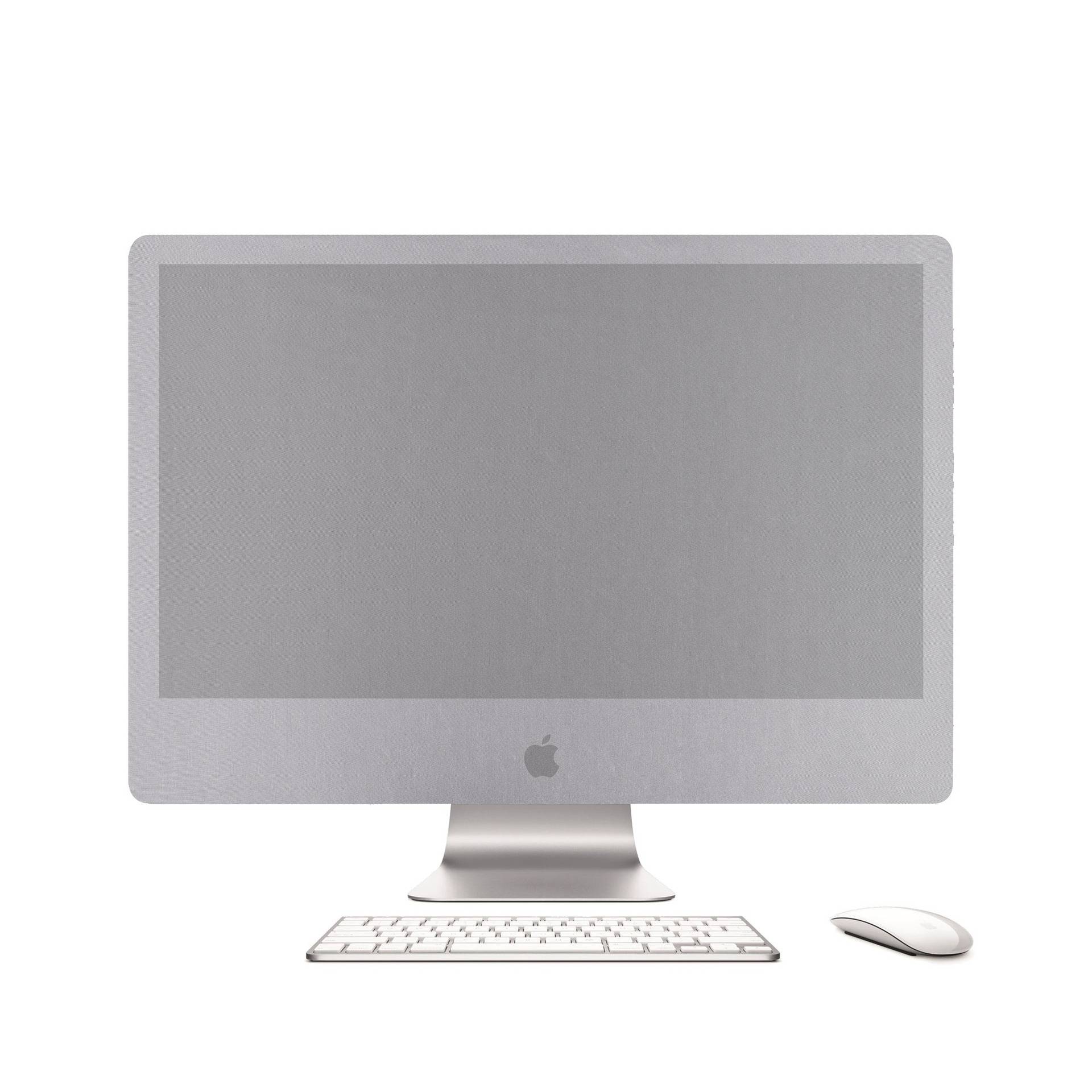 Frontansicht eines silbernen Apple iMac Desktop-Computers mit Tastatur und Maus auf weißem Hintergrund.