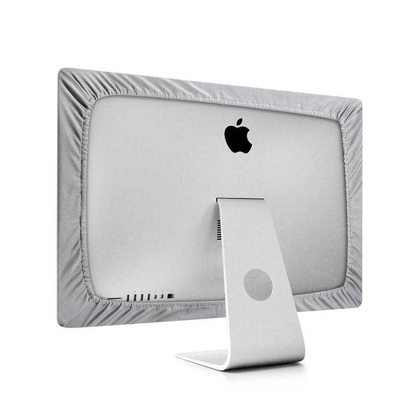 Rückansicht eines Apple-Desktopmonitors auf einem silbernen Ständer, die das Apple-Logo auf der Rückseite zeigt.
