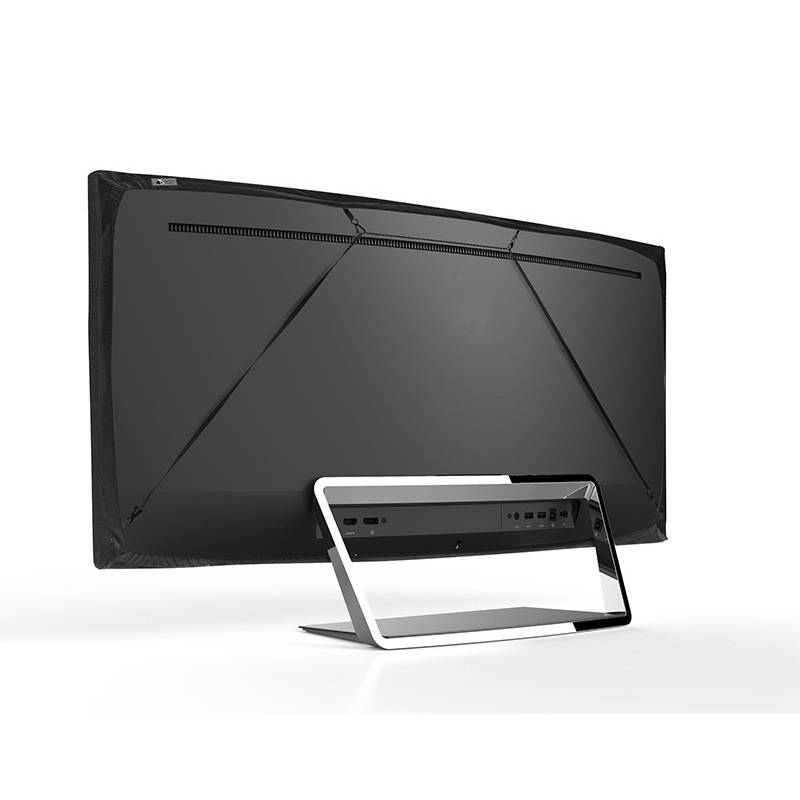 Rückansicht eines All-in-One-Desktop-Computers mit schwarzem Monitor und silbernem Ständer auf weißem Hintergrund.
