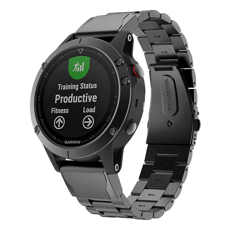 Schwarze Garmin-Smartwatch mit Metallarmband, das Trainingstatus 