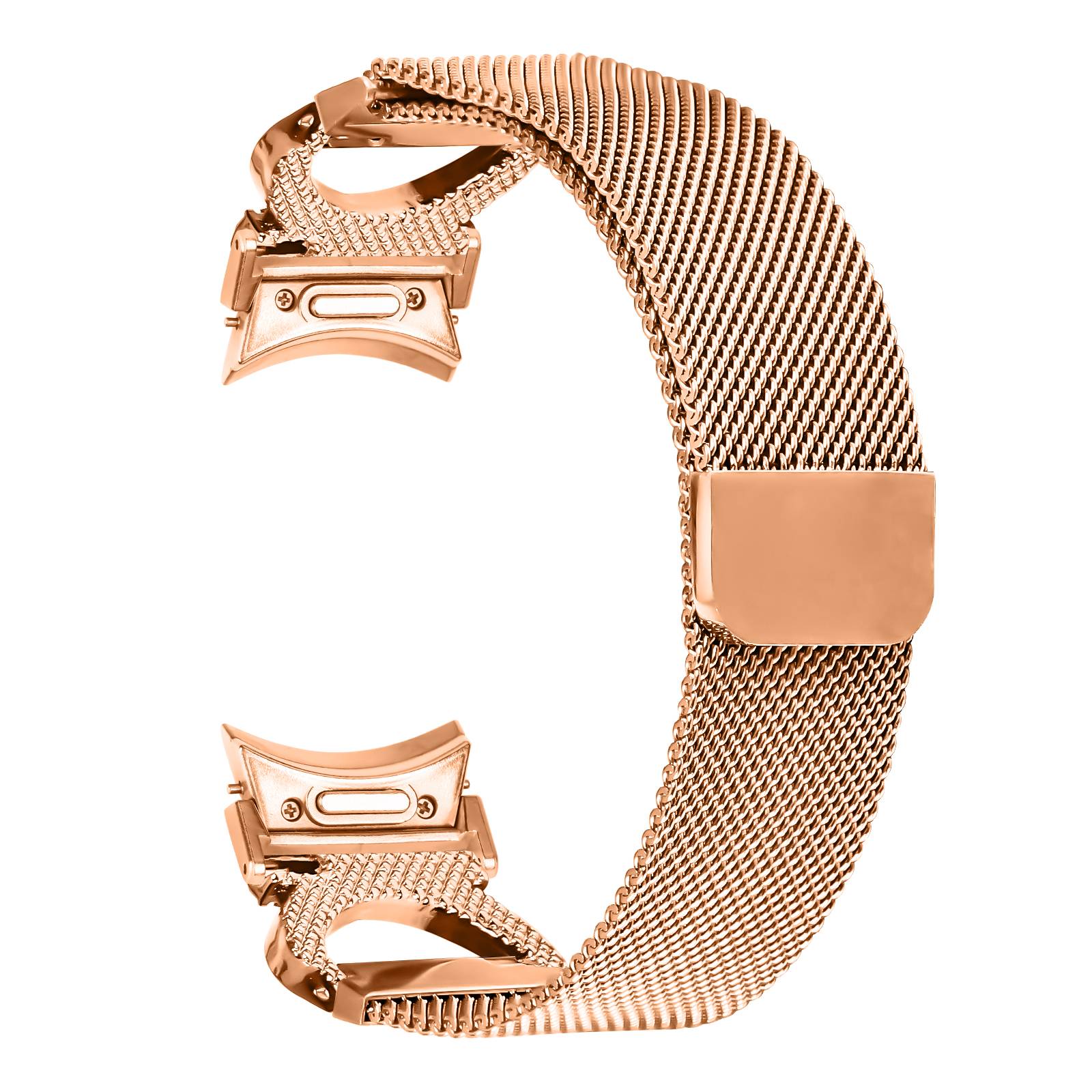 Rosegoldfarbenes Metallwatchband mit Mesharmband und Verschluss, isoliert auf weißem Hintergrund dargestellt.