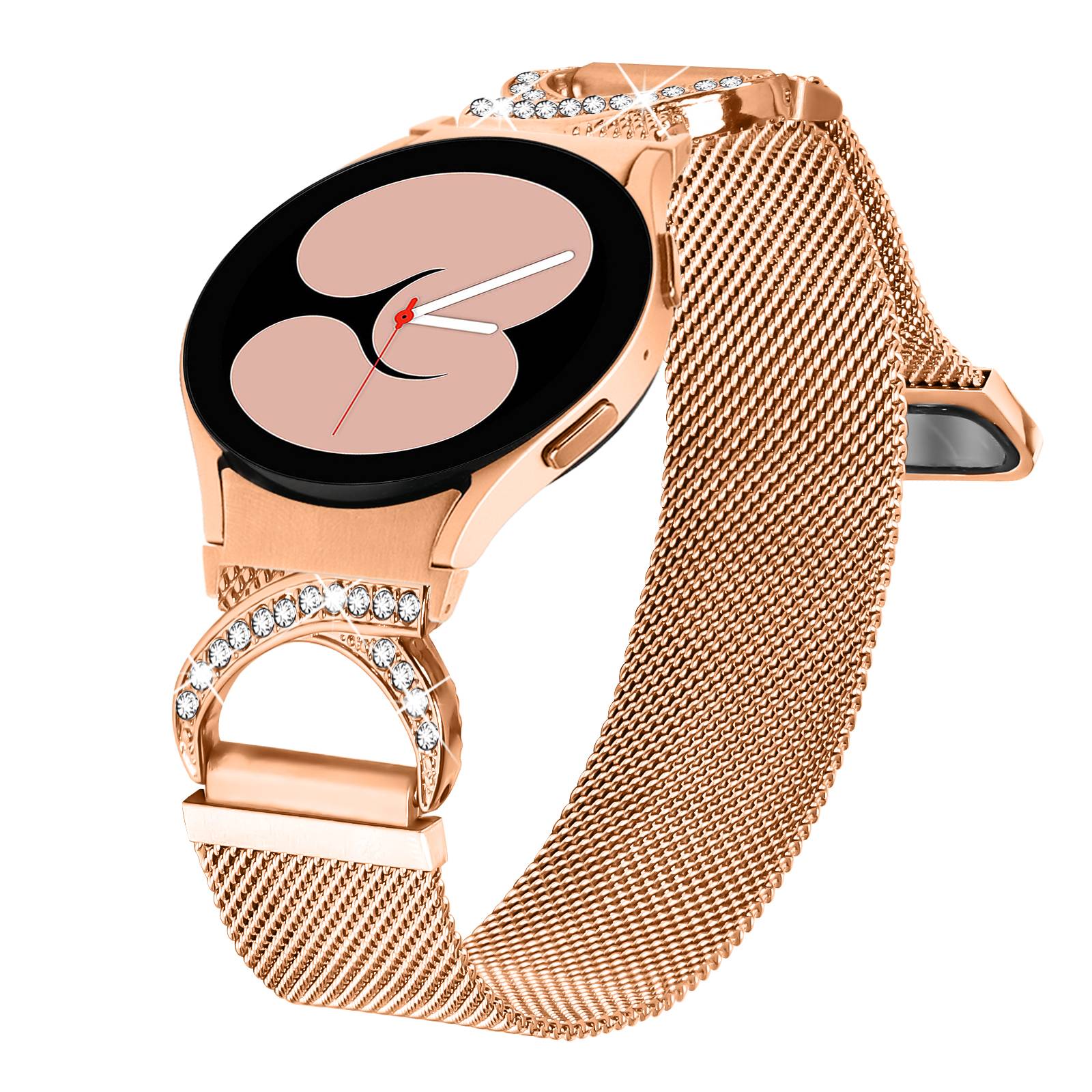 Rosegoldene Smartwatch mit rundem rosa-schwarzem Zifferblatt und Kristallverzierungen auf einem Mesh-Armband, auf weißem Hintergrund gezeigt.