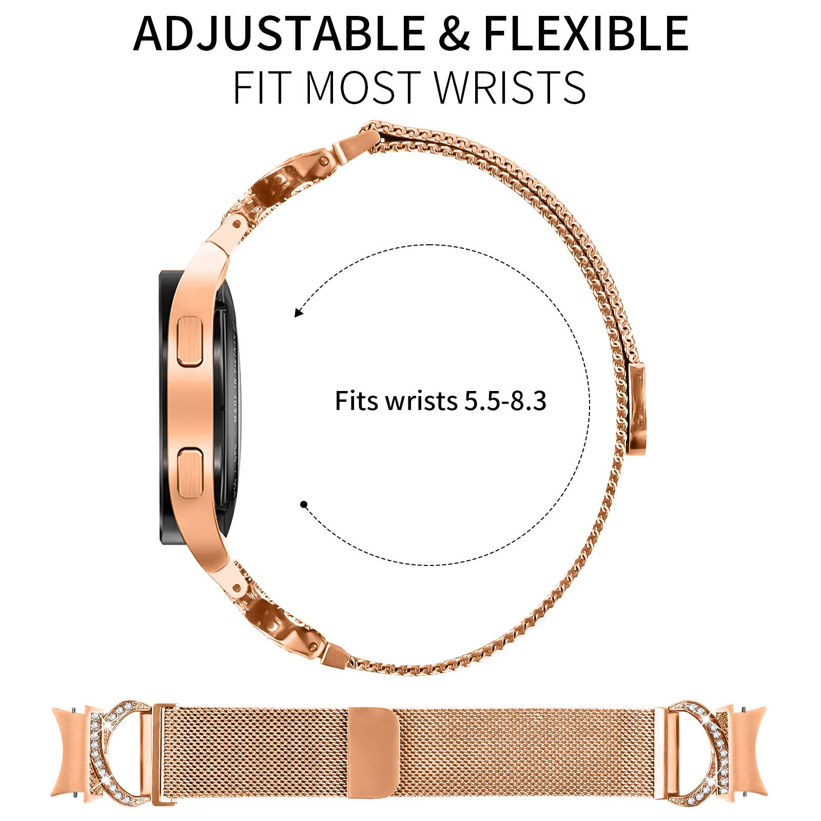 Verstellbares Armband und Gehäuse in Roségold, gezeigt mit dem Text „PASST FÜR DIE MEISTEN HANDGELENKE" und „Passt auf Handgelenke von 5,5-8,3"", was auf flexible Größeneinstellung hindeutet.