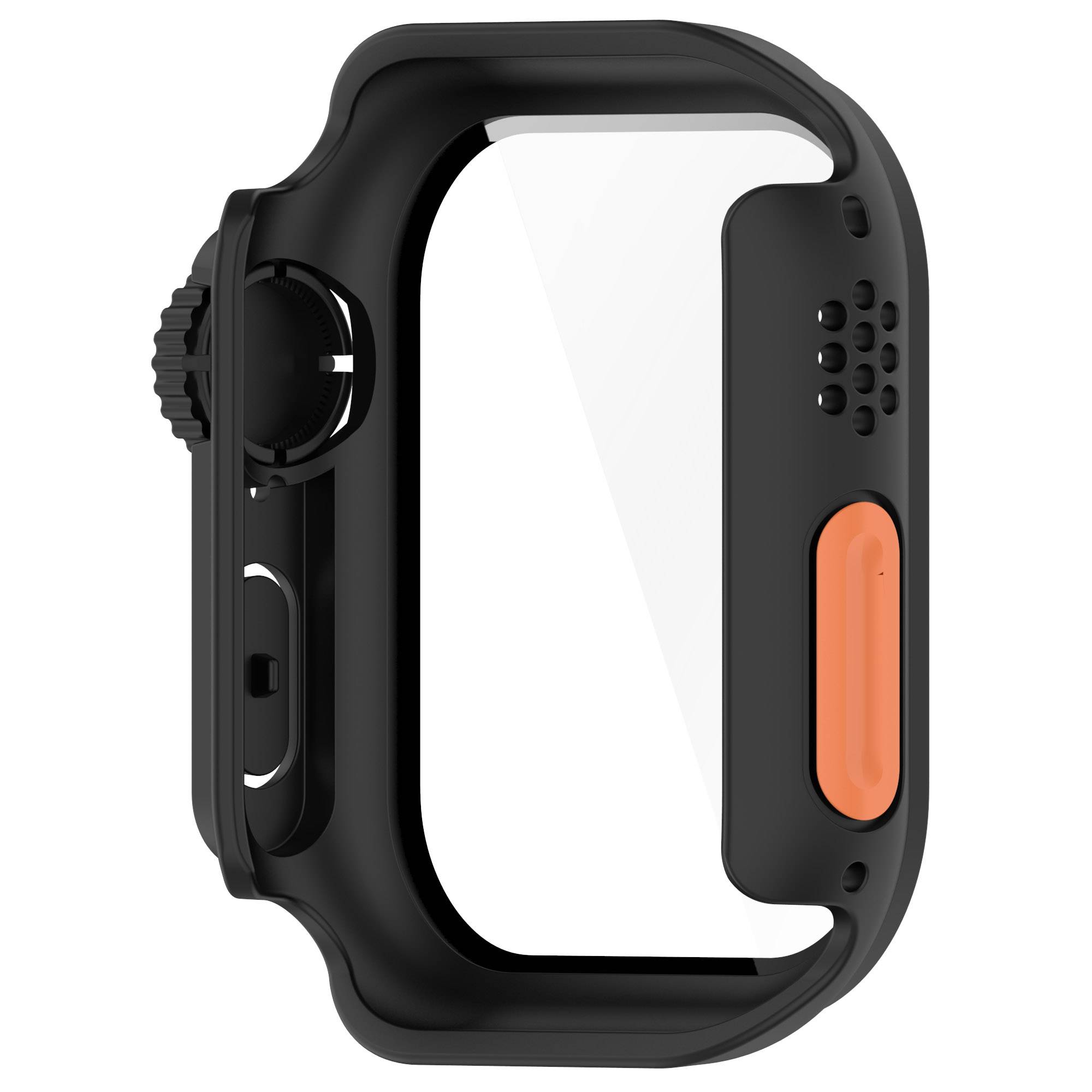 Schwarze Smartwatch-Schutzhülle mit Seitentastenschutzvorrichtungen und orange Akzent auf weißem Hintergrund.