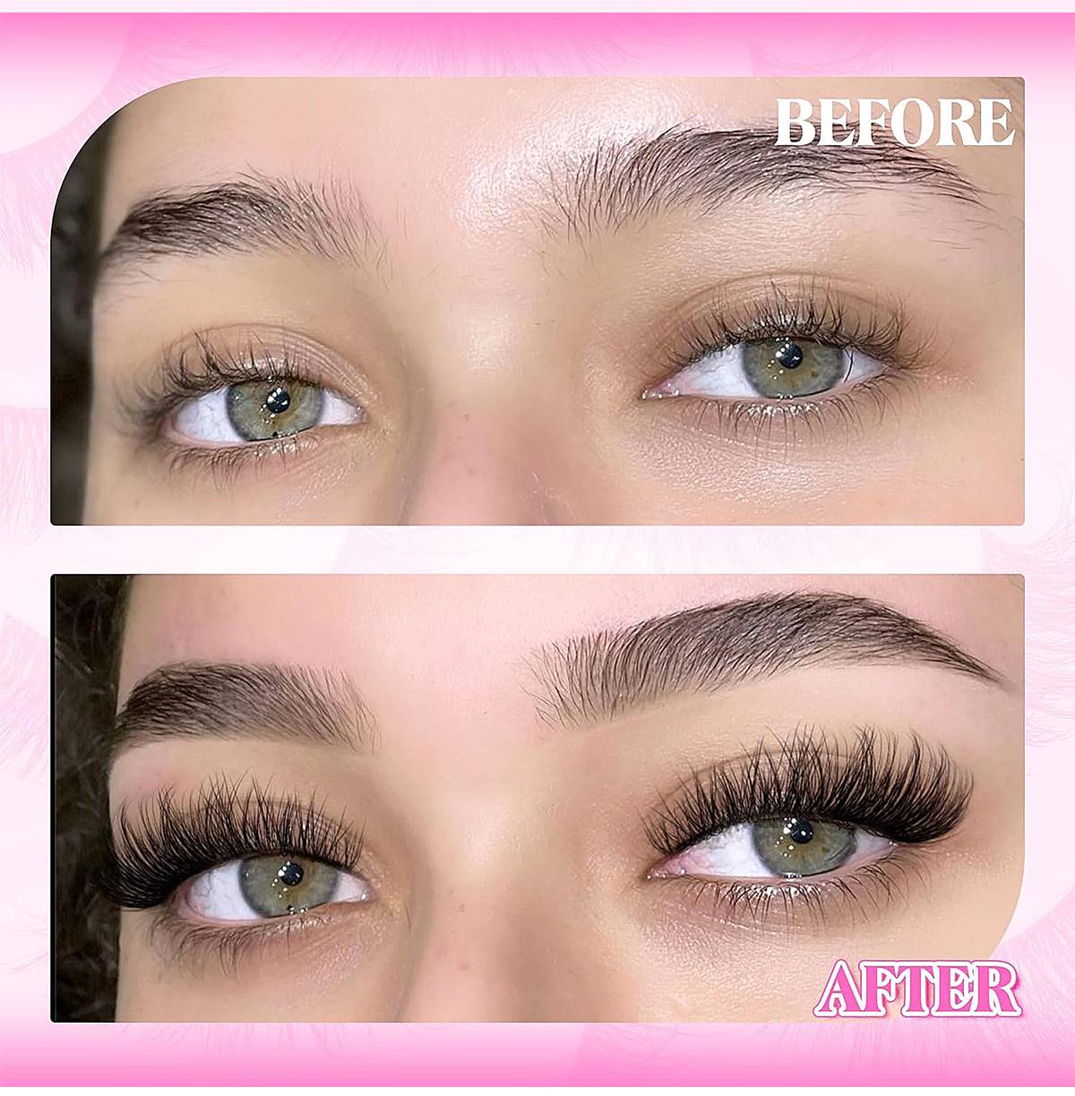 Vorher-und-Nachher-Nahaufnahme der Augen, die verbesserte Wimpern und vollere Augenbrauen nach einer Schönheitsbehandlung oder Make-up zeigen.