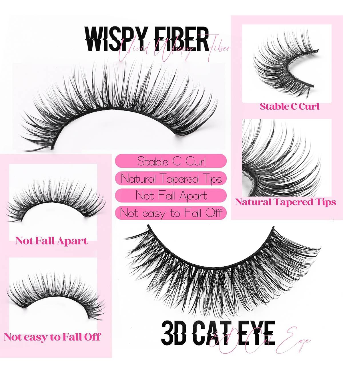 Werbegrafik für Wispy Fiber künstliche Wimpern, die eine Nahaufnahme von Wimpernstilen zeigt, die mit „Stable C Curl