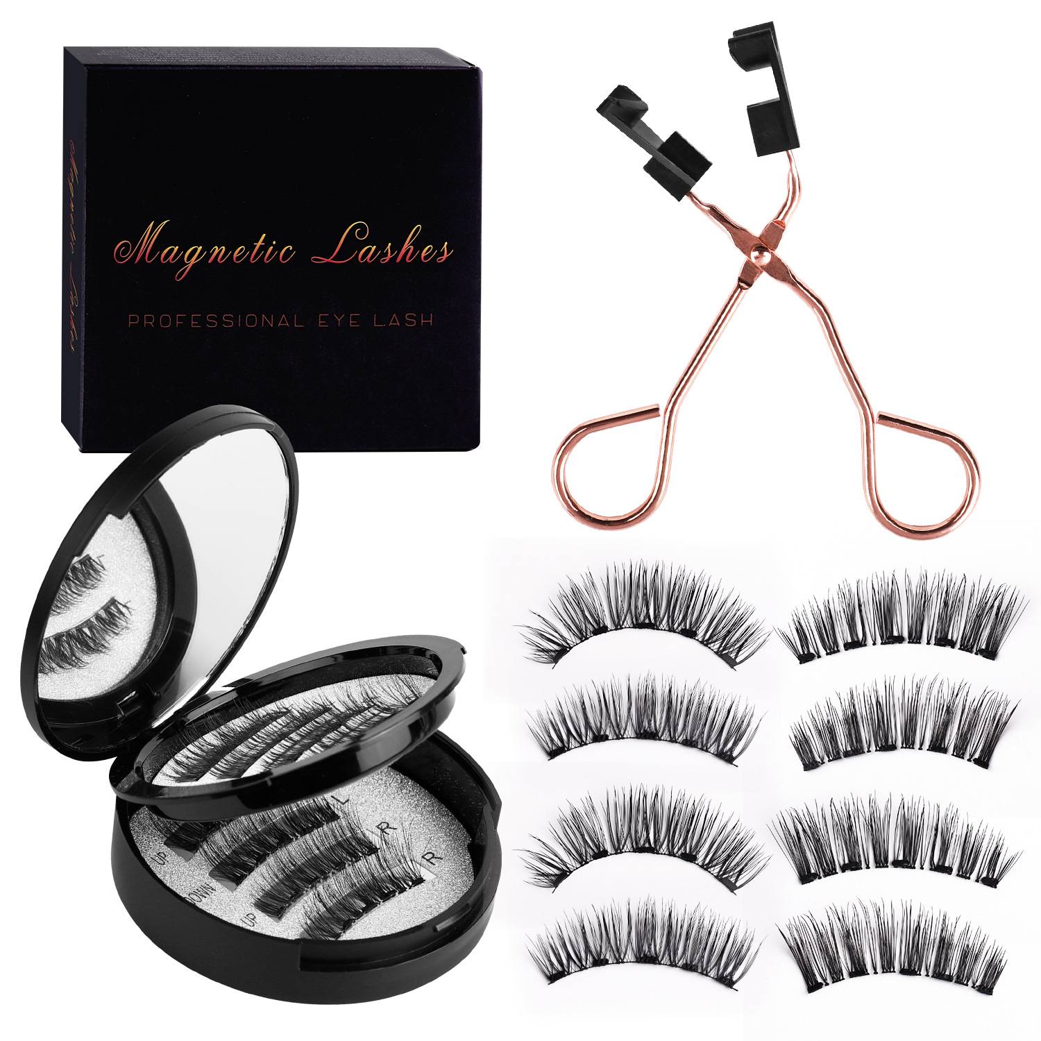 Magnetisches Wimpernset mit Aufbewahrungsbox, Applikator-Pinzette, kompaktem Spiegelgehäuse und mehreren Paar künstlichen Wimpern auf weißem Hintergrund.