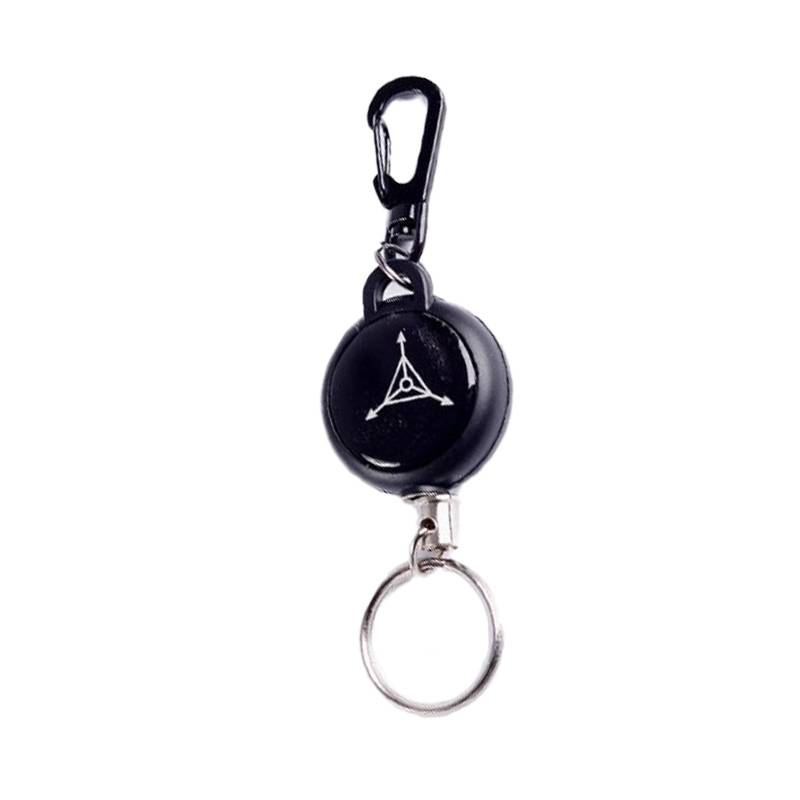 Schwarze ausziehbare Schlüsselanhänger-Clip mit Karabiner und Metallschlüsselring, mit weißem dreieckigem Logo auf der Vorderseite.
