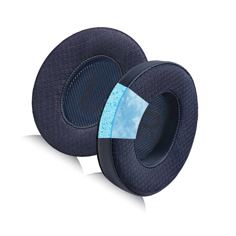 Zwei runde dunkelblau Over-Ear-Ohrpolster in Produktansicht, eines mit Schnittansicht, die mehrschichtige Polsterung und inneres Mesh-Material zeigt.