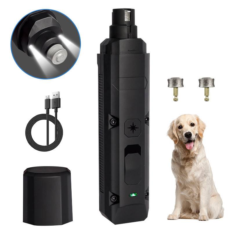 Tragbares schwarzes Hundetraininggerät mit USB-Kabel, zwei Metallaufsätzen und Golden Retriever zur Größenreferenz.