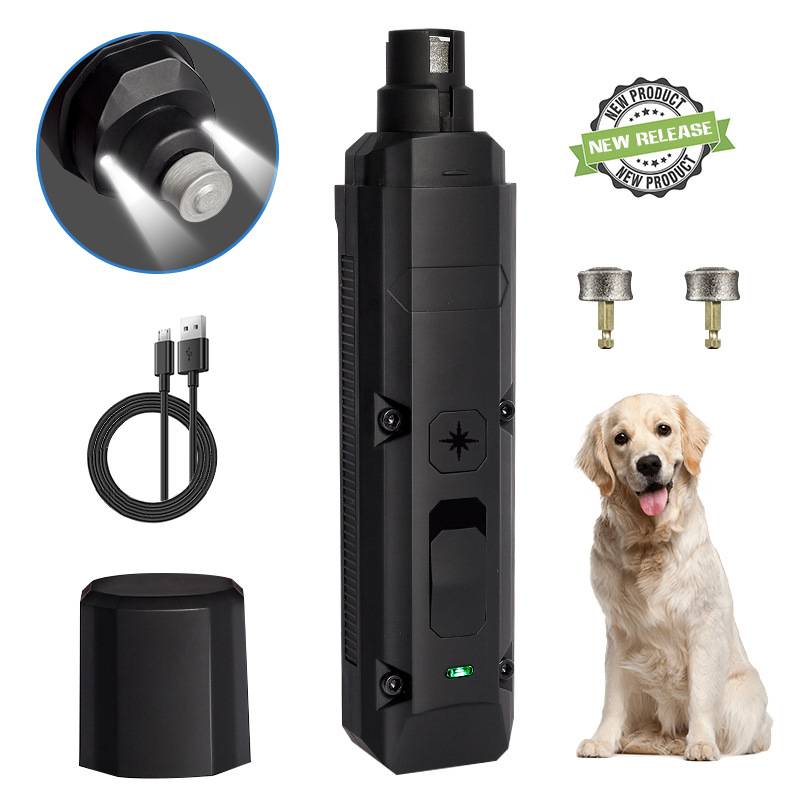 Schwarzes wiederaufladbares Hundetrainingsgerät mit USB-Kabel, Kappe, zwei Metallaufsätzen und einem Hund, der die Verwendung zeigt; „Neue Veröffentlichung"-Badge.