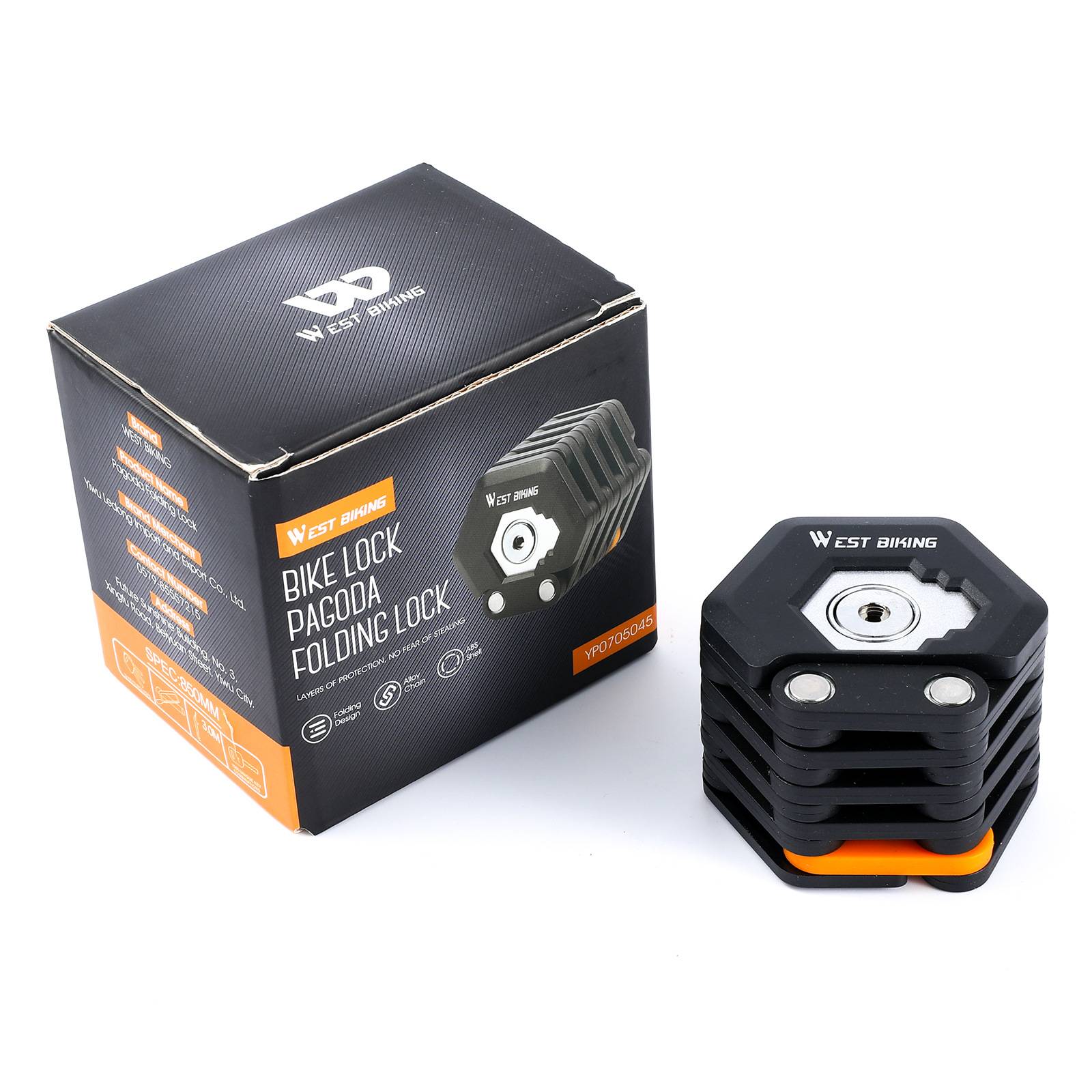 West Biking Faltbares Fahrradschloss neben seiner Einzelhandelsverpackung, schwarzes und oranges kompaktes Sicherheitsschloss-Produktbild.
