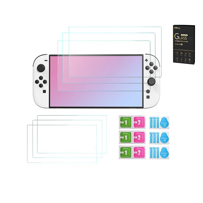 Nintendo Switch-Konsole mit mehreren transparenten Displayschutzfolien, Reinigungstüchern und einem Glasschutzpaket, das als enthaltenes Zubehör gezeigt wird.