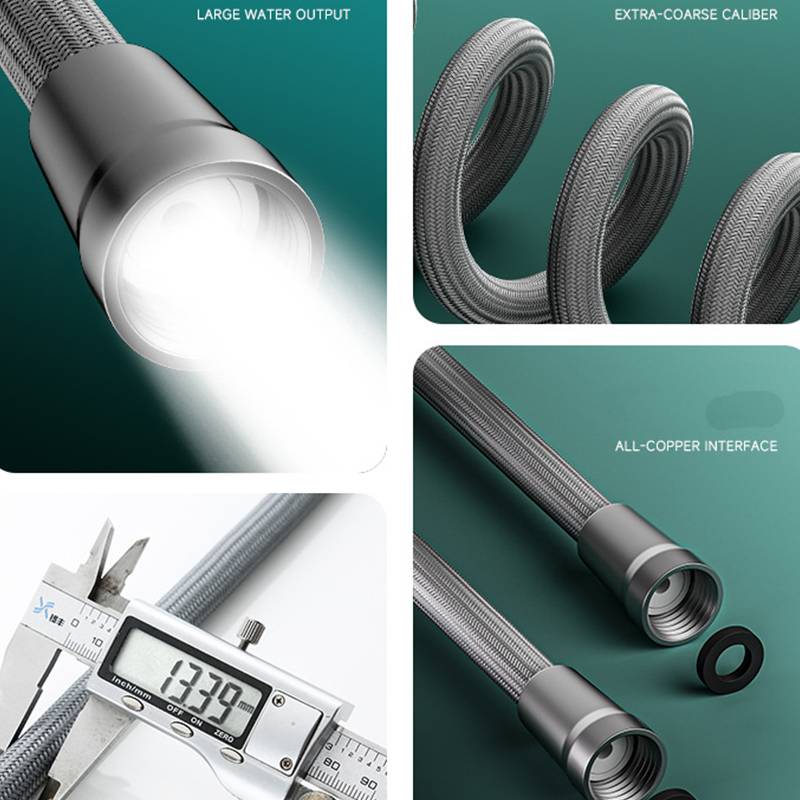 Produktcollage eines flexiblen Metallschlauchs mit großer Wasserausgabe, extragrober Flechtung, Kupferschnittstelle aus massivem Kupfer und digitaler Schieblehre, die seinen Durchmesser misst.