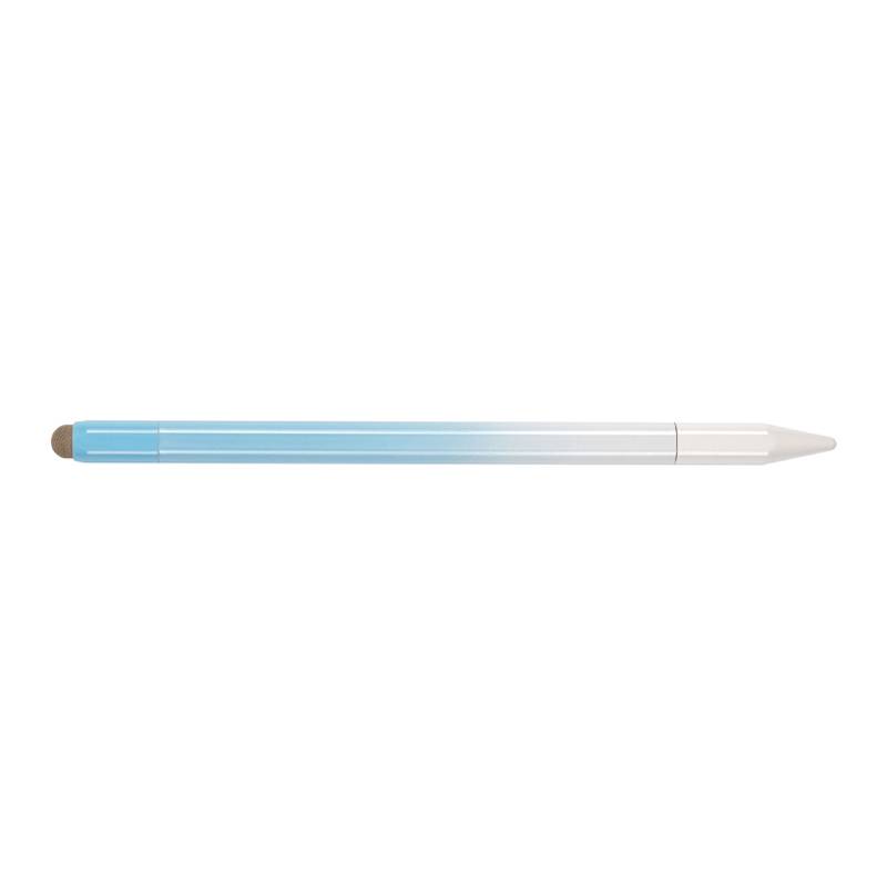 Ein blau-weißer Eingabestift, der horizontal auf einem einfachen weißen Hintergrund dargestellt ist.