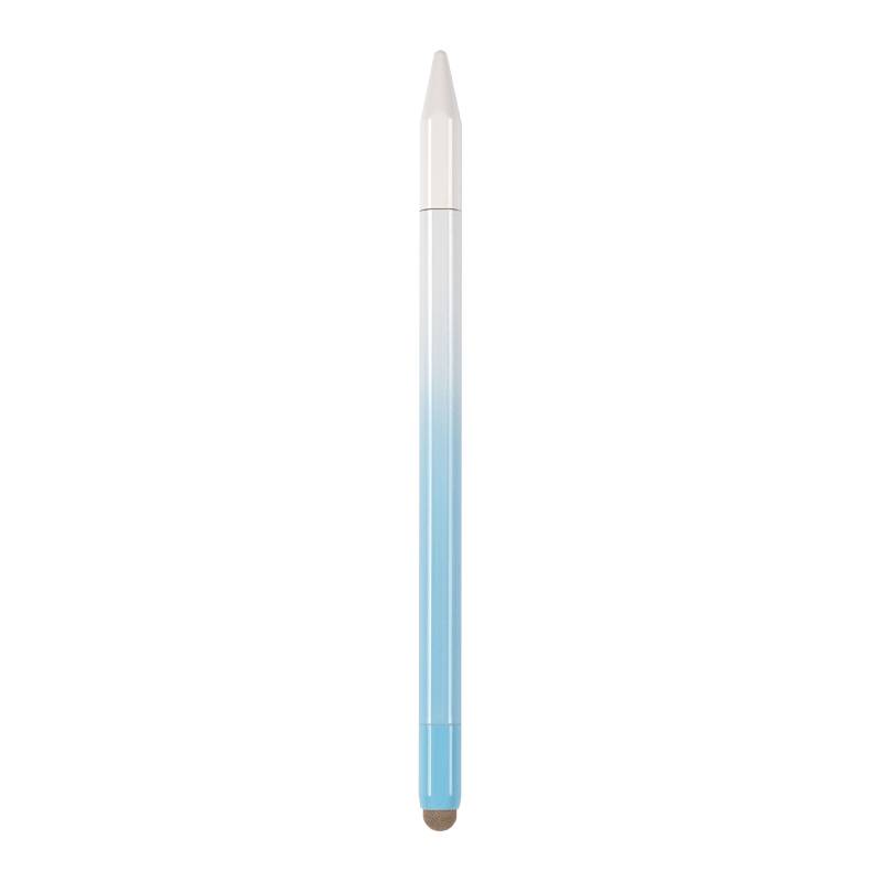 Ein transparenter Kunststoff-Stift mit einem blaugradienten Korpus und grauer Spitze, aufrecht auf weißem Hintergrund dargestellt.