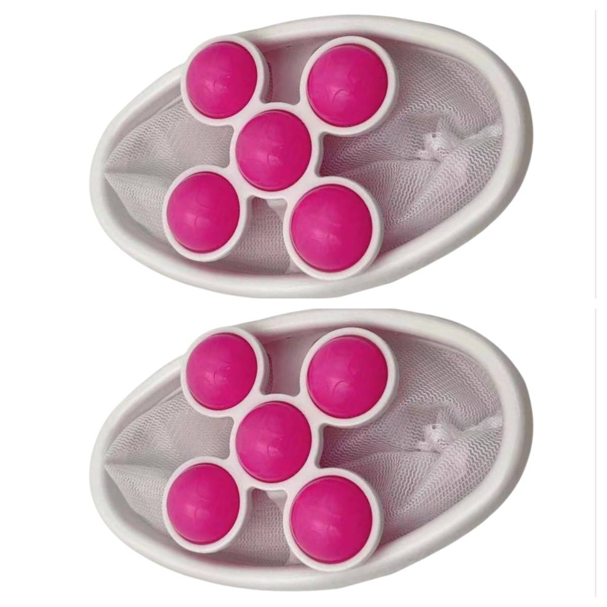 Zwei weiße Mesh-Schuheinlagen mit je fünf rosa Druckpads, übereinander gestapelt auf weißem Hintergrund dargestellt.
