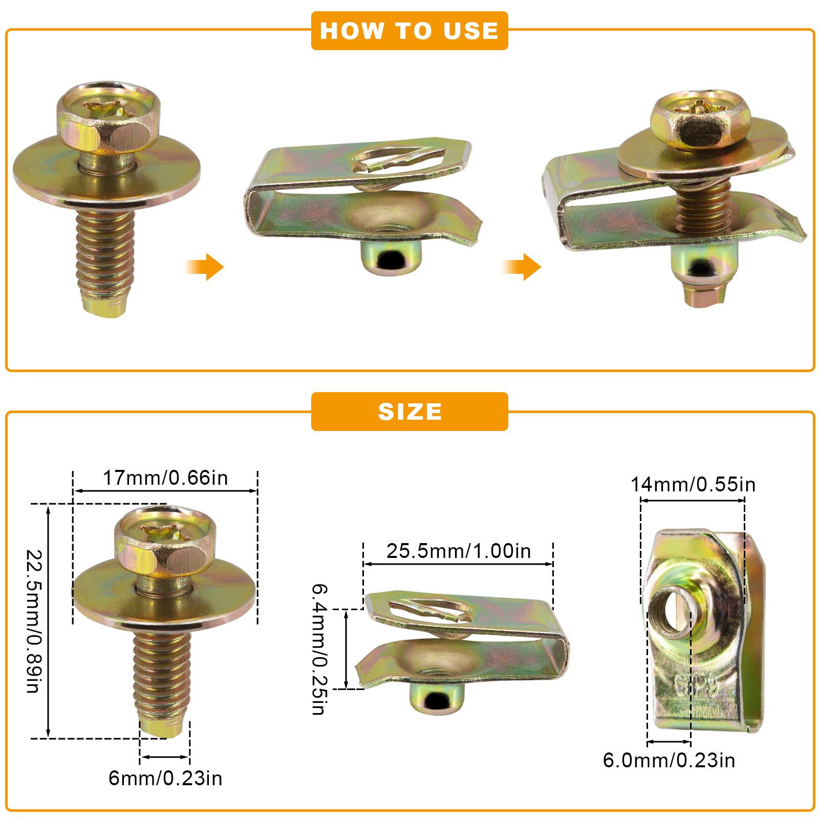 Abbildung zur Installation einer Metallbefestigungsklammer und ihrer Abmessungen: 17 mm breit, 25,5 mm lang, 14 mm hoch, 22,5 mm Gesamtlänge, 6 mm und 6,4 mm Dickenmessungen.