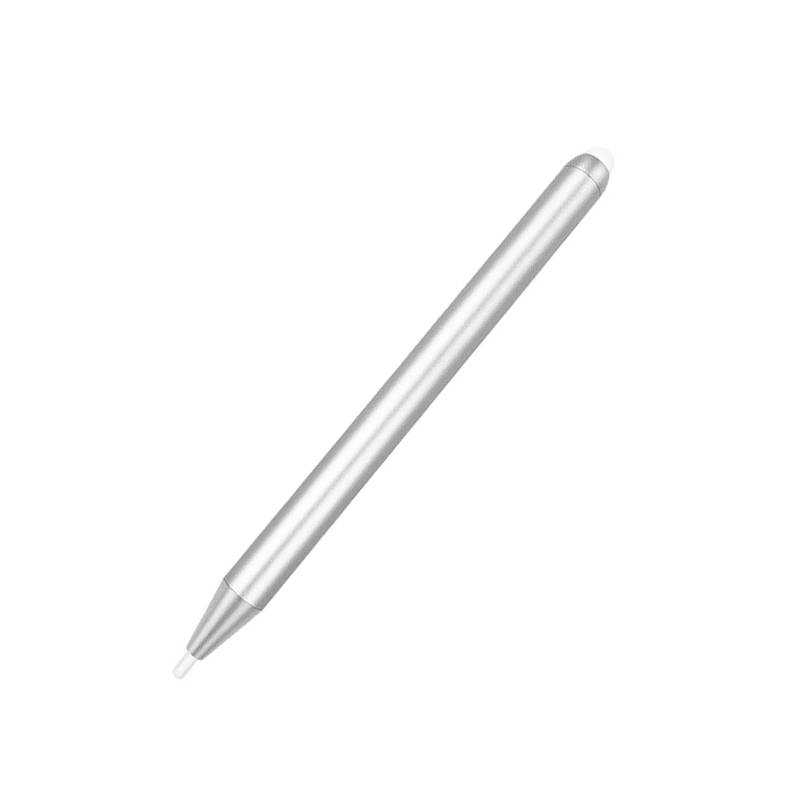 Silberner Stift im Winkel auf weißem Hintergrund.