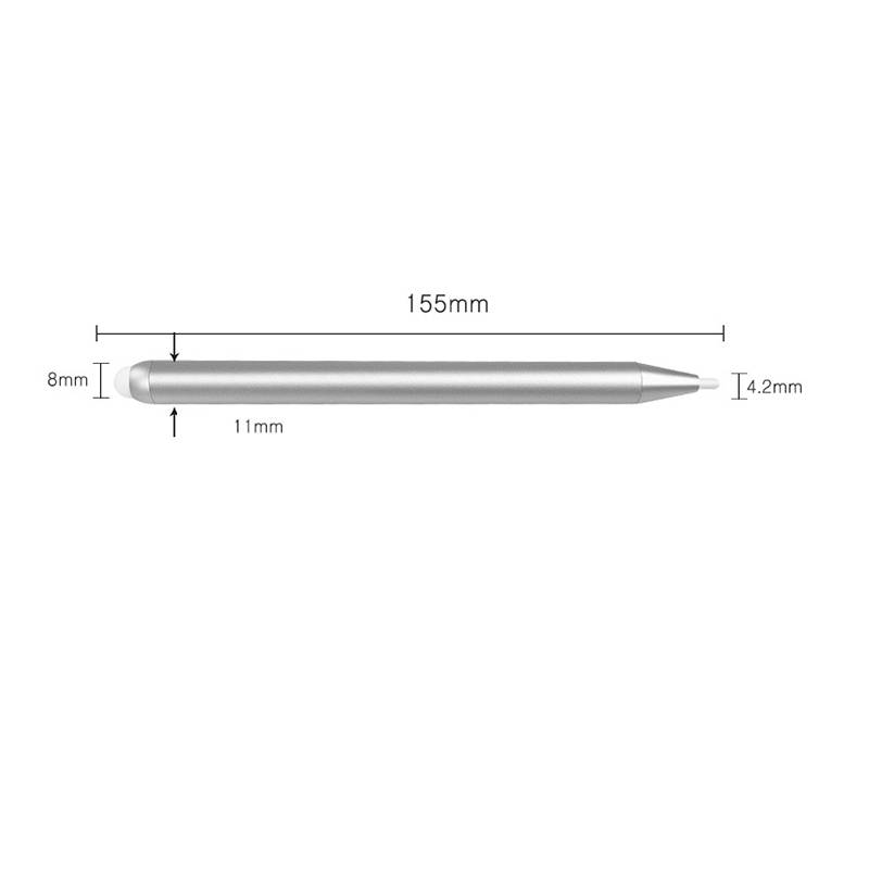 Seitenansicht eines schlanken silbernen Stylus oder Stifts, 155 mm lang, 8 mm breit am linken Ende, 11 mm Körperdurchmesser und 4,2 mm Spitzendurchmesser.