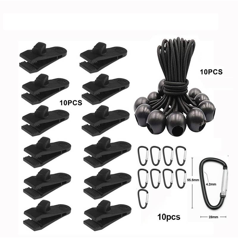 Produktcollage mit drei 10er-Sets für Kabel-/Schnurorganizer: schwarze Klemmclips, Schnurverschluss-Perlen mit Umhängebändern und kleine Karabinerhaken mit Größenangaben.