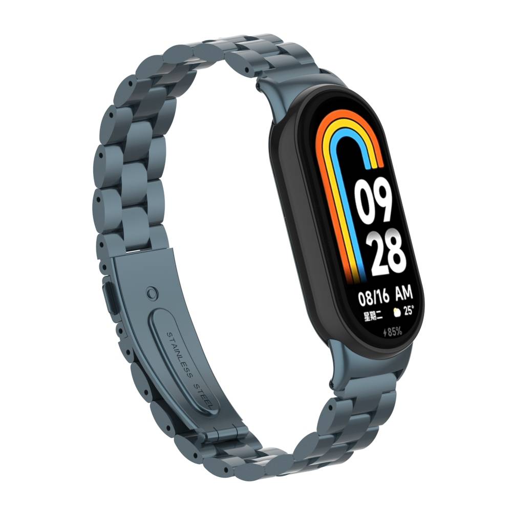 Eine schwarze Smartwatch mit einem grauen Metallband zeigt 09:28, 16.08 AM, Wetter und 85% Akku auf weißem Hintergrund an.
