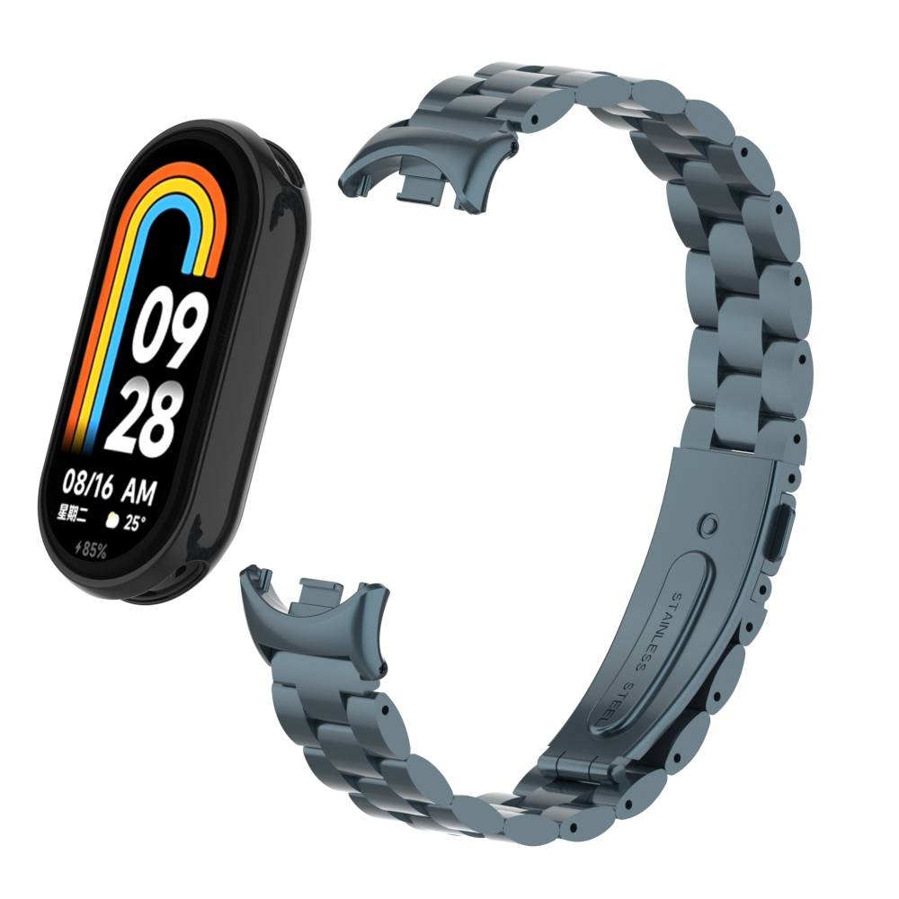 Ein schwarzes intelligentes Uhrengehäuse und ein graues Metallgliedarmband, die separat dargestellt sind und das Uhrenarmband-Design zeigen.