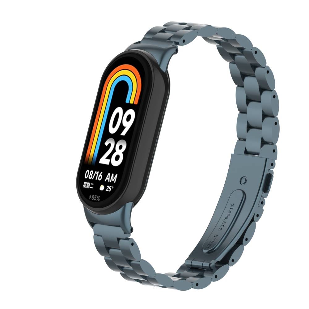 Graues Smart Band mit gekrümmtem Farbdisplay, das 09:28, 08/16 AM, Wetter 25° und Akku 85% anzeigt.