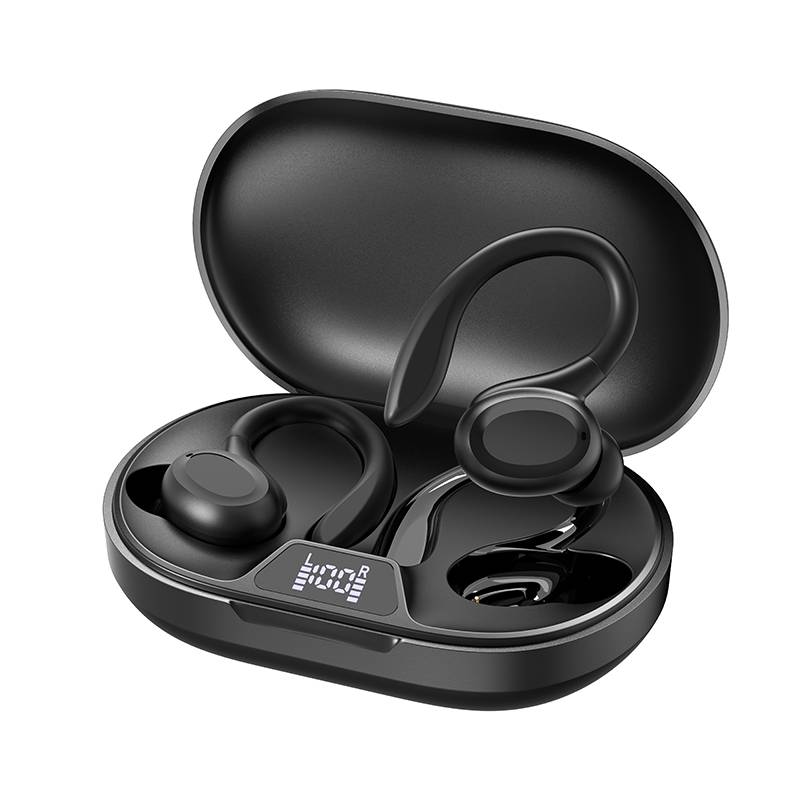 Schwarze kabellose Open-Ear-Ohrhörer in einem Ladeetui mit kleinem LED-Batterieanzeige an der Vorderseite