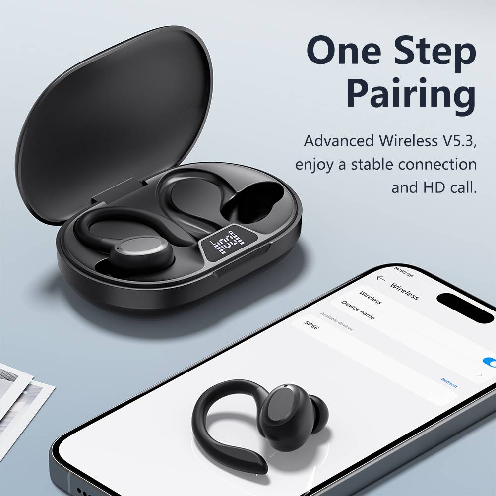 Kabellose Ohrhörer in einem Ladeetui neben einem Telefon, mit dem Text „One Step Pairing" und „Advanced Wireless V5.3, genießen Sie eine stabile Verbindung und HD-Anrufe."