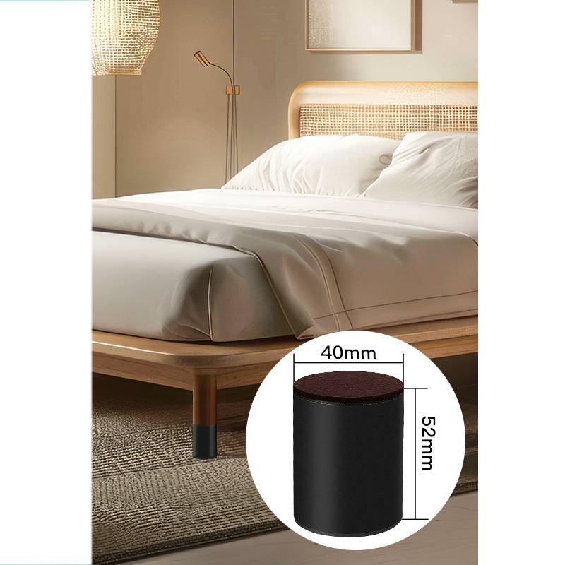 Bett mit niedrigem Holzrahmen, dargestellt mit einer Vergrößerung eines schwarzen zylindrischen Beins oder einer Rolle mit der Bezeichnung 40 mm breit und 52 mm hoch.
