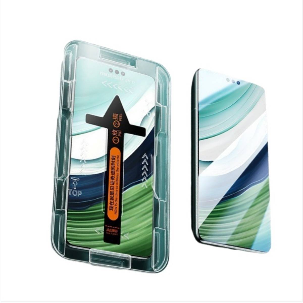 Durchsichtige Handyhülle mit schwarzem und orangefarbenem kreuzförmigem Einsatz, neben einem passenden Handy-Skin oder Hutzendesign mit türkisfarbenen, weißen, blauen und grünen Wellen abgebildet.