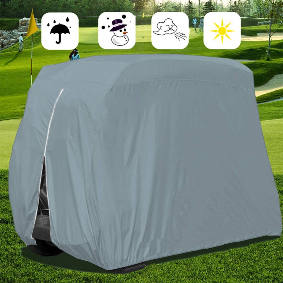 Grau schützende Abdeckung schließt einen Golfwagen vollständig auf einem Golfplatz ein, mit Symbolen, die Schutz vor Regen, Schnee, Wind und Sonne anzeigen.