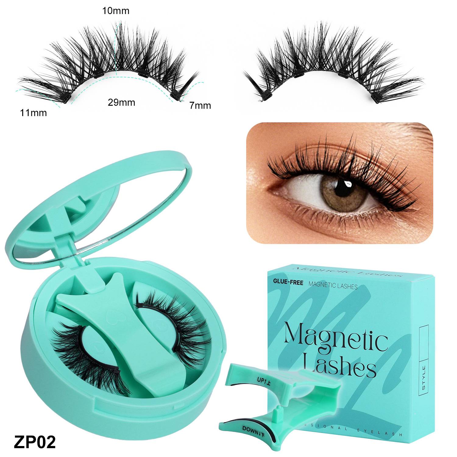 Collage aus magnetischen künstlichen Wimpern mit einem Applikatoretui in Minzgrün, eine Nahaufnahme eines Auges, das diese trägt, und die Produktschachtel mit der Aufschrift „Magnetic Lashes