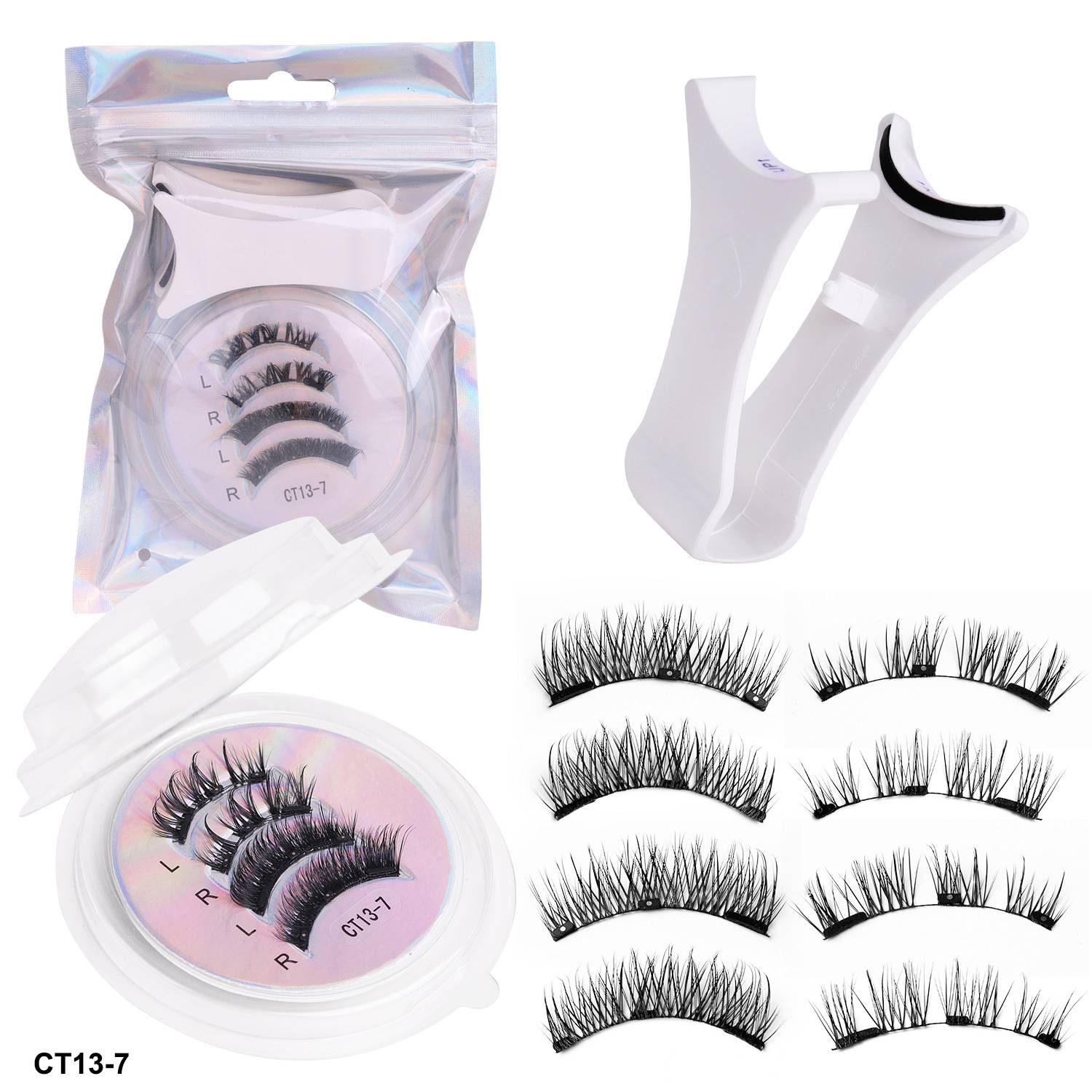 Falschwimpern-Set mit Wimpern in einem Behälter, einer Aufbewahrungstasche und einem Kunststoff-Applikator-Tool, gezeigt mit acht Wimpernstilen und Produktcode CT13-7.