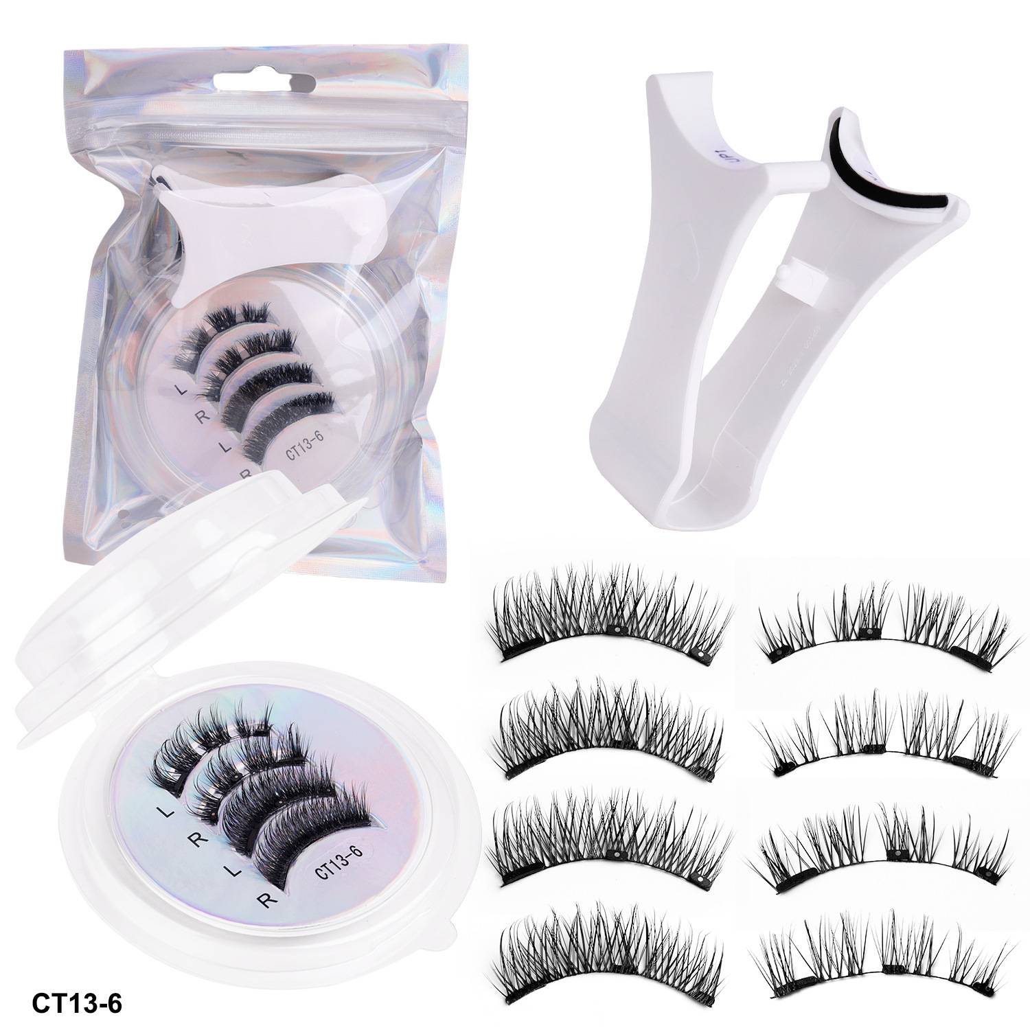 Packung mit künstlichen Wimpern mit einem weißen Kunststoffapplikator und acht Wimpernpaaren zur Anzeige; mit der Bezeichnung CT13-6.