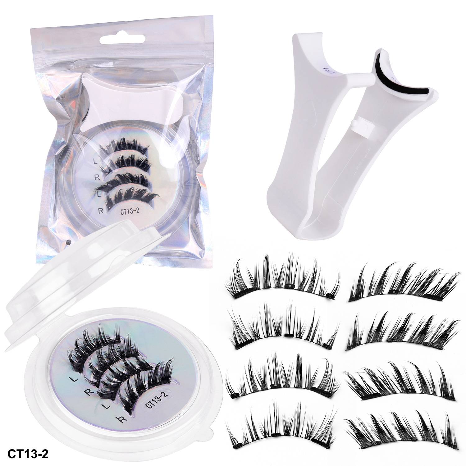 Falscher Wimpern Set mit wiederverwendbarem Wimpern-Aufbewahrungsetui, Applikatorwerkzeug, verpackten Streifen und verschiedenen Wimpernstilen mit der Bezeichnung CT13-2.