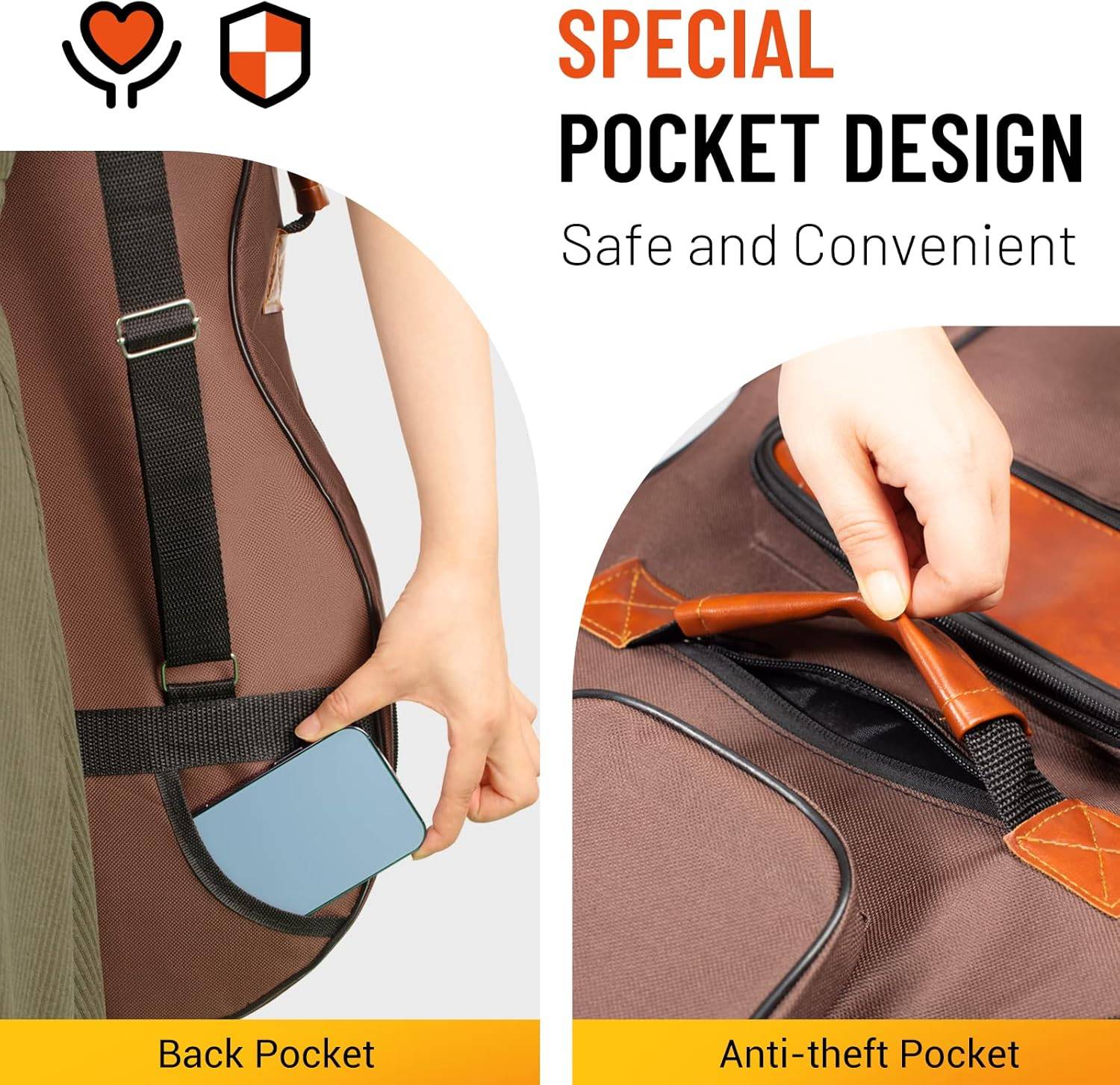 Bewerbungsbild einer Tasche mit einer speziellen Rückentasche und Diebstahlschutztasche, die ein sicher verstautes Telefon und eine Hand beim Verschließen der Tasche zeigt.