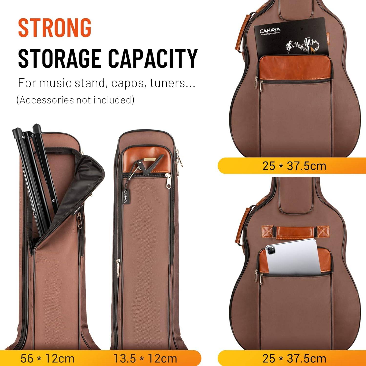 Werbegrafiktext für eine Gitarrentasche mit großer Speicherkapazität für Notenständer, Kapodaster und Stimmgeräte; Taschen und Abmessungen mit den Etiketten 56×12 cm, 13,5×12 cm und 25×37,5 cm.