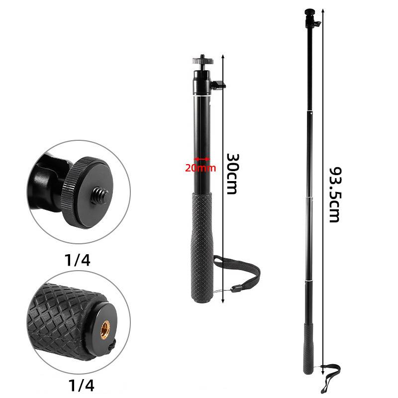 Produktbild eines zusammenklappbaren schwarzen Selfiesticks oder Kamerastabs, der 30 cm zusammengeklappt und 93,5 cm ausgeklappt zeigt, mit 1/4-Zoll-Montagegewinde und Handgelenkschlaufe.