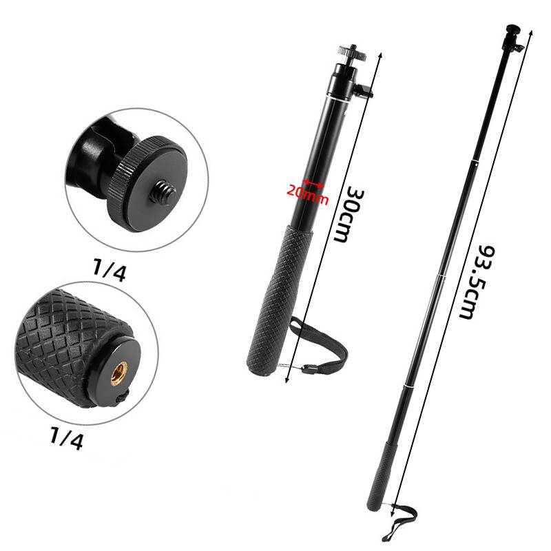 Teleskop-Kamerastativ-Selfie-Stick mit 1/4-Zoll-Stativgewinde, zusammengeklappt 30 cm und ausgeklappt auf 93,5 cm.