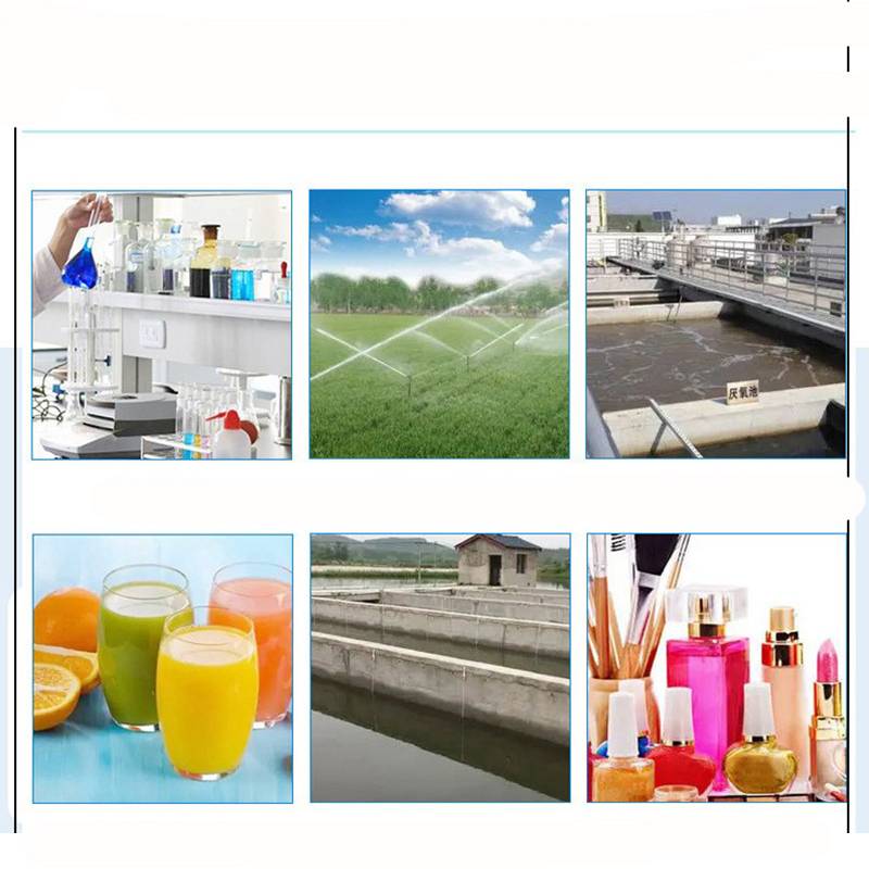 Collage aus Wassernutzung und -behandlung: Labortests, Feldbewässerung, Abwasseranlage, ein Kanal und wasserbasierte Kosmetikprodukte.